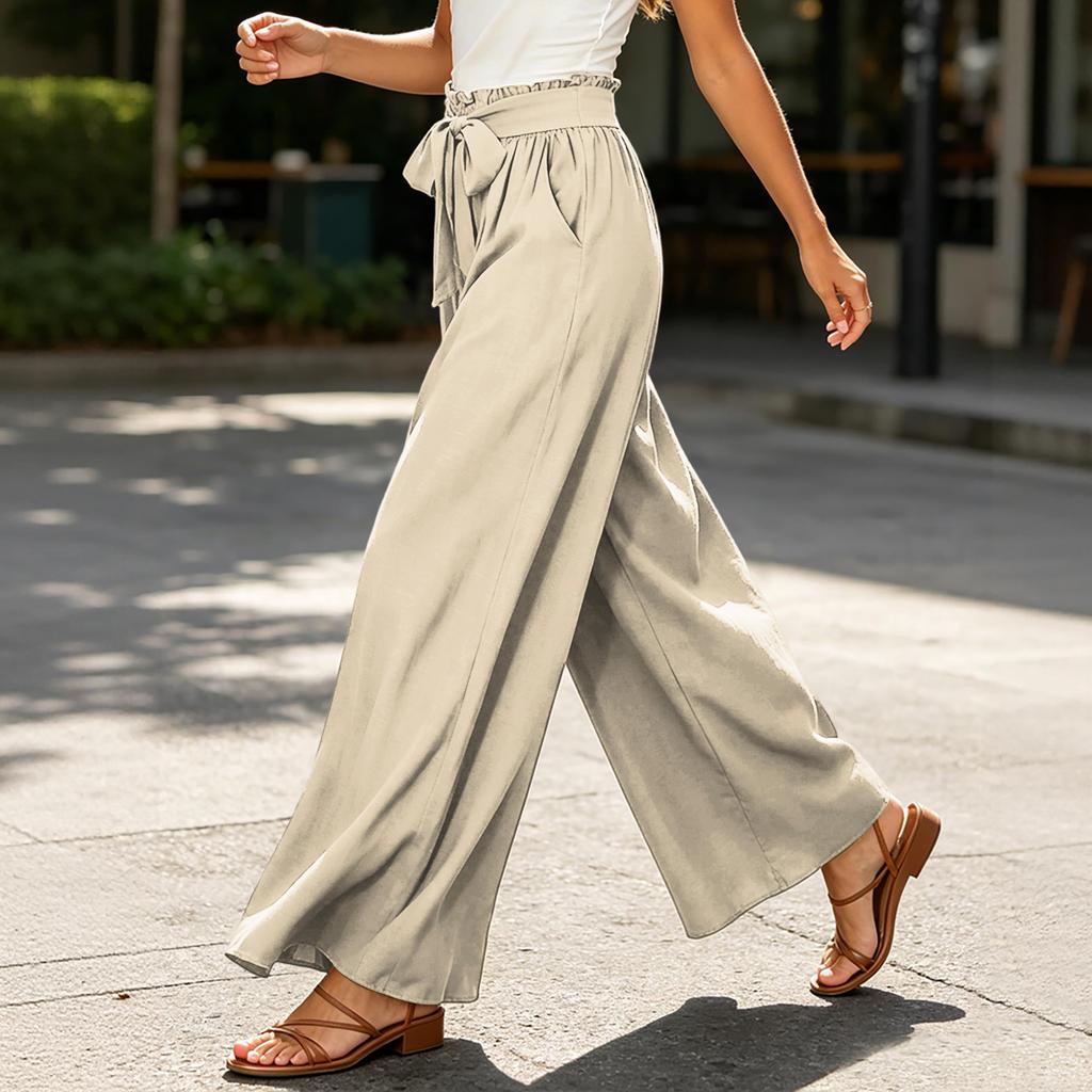 Women's High Waist Wide Leg Pants Bohemian Style Palazzo Trousers with Tie Waist and Pockets Casual Loose Fit Long Pants