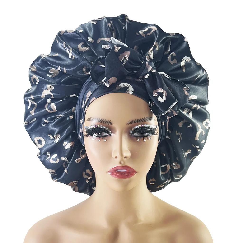 New Large Satin Bonnet Silk Night Sleeping Cap with Head Tie Band Bonnet Edge Wrap for Women Curly Braid Hair