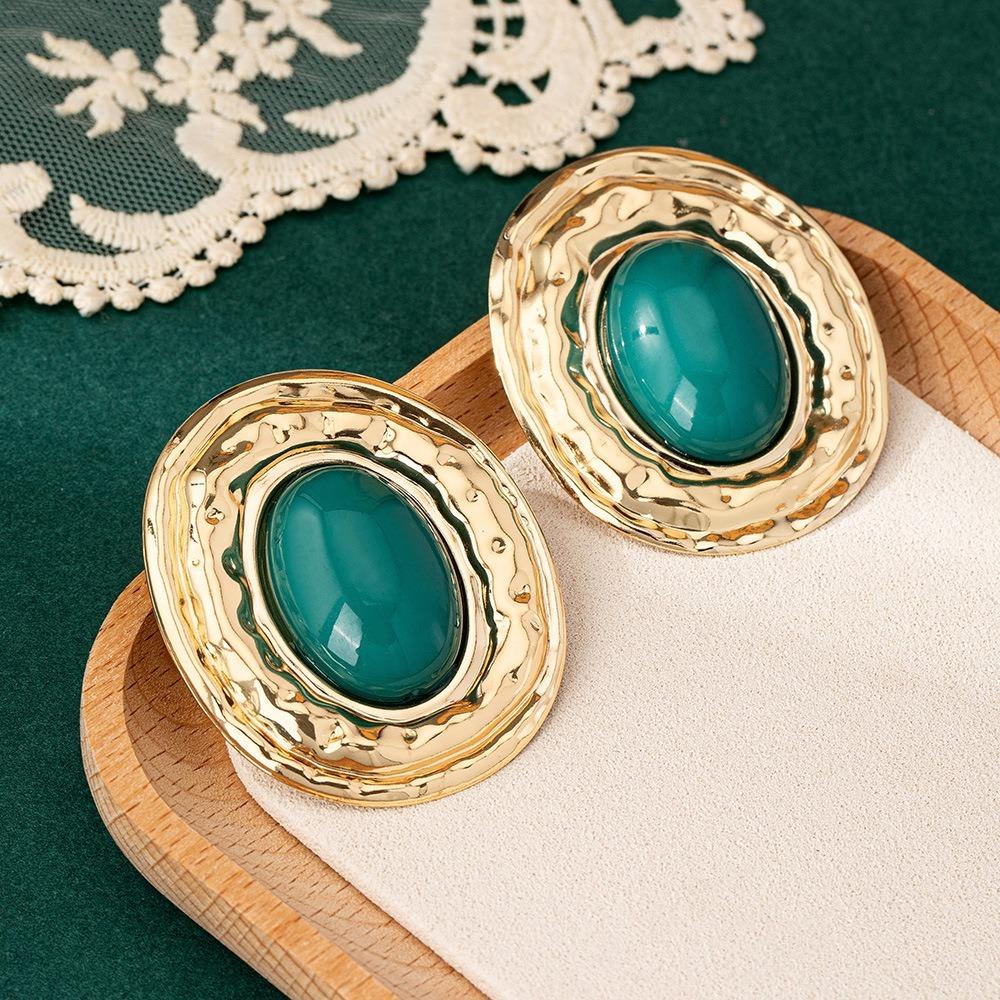 Exaggerate Retro Gold Color Liquid Metal Oval Multiple Colors Stud Earrings for Women Personality Medieval Jewelry Accessories
