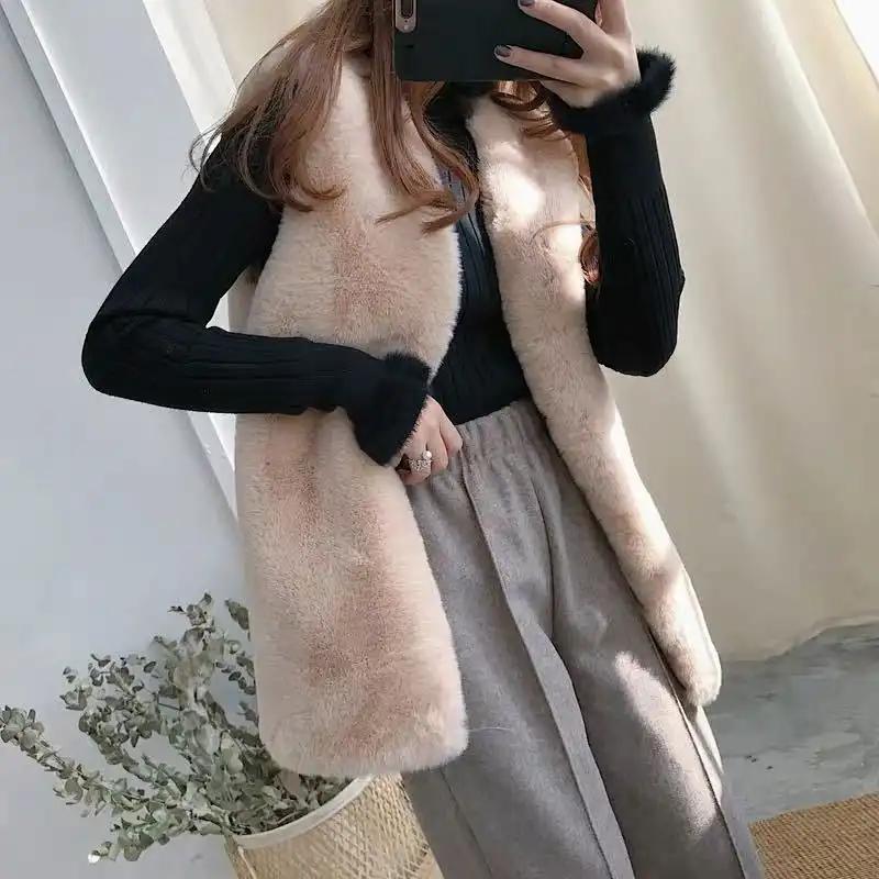 Women's Mid-Length Black Faux Fur Vest Open Front Warm Winter Gilet Slim and Versatile Outer