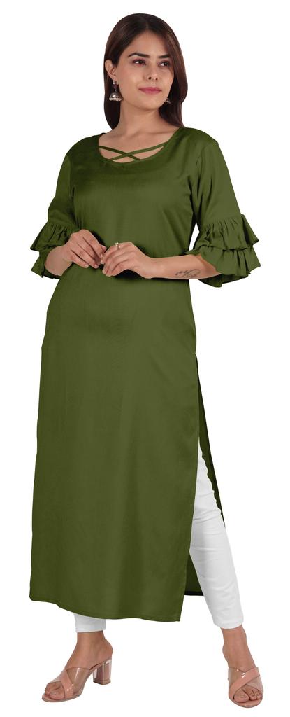 Moomaya Solid Designer Kurti Bell Sleeve Casual Long Straight Kurta For Women