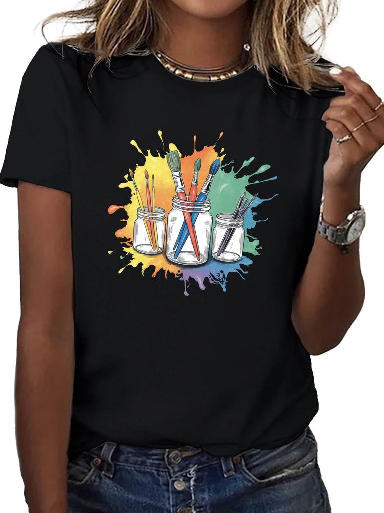 lively art studio women's T-shirt Comfort Fit This Minimalist Fresh And Stylish Women'S Casual  Has a Round Neck Short Sleeves