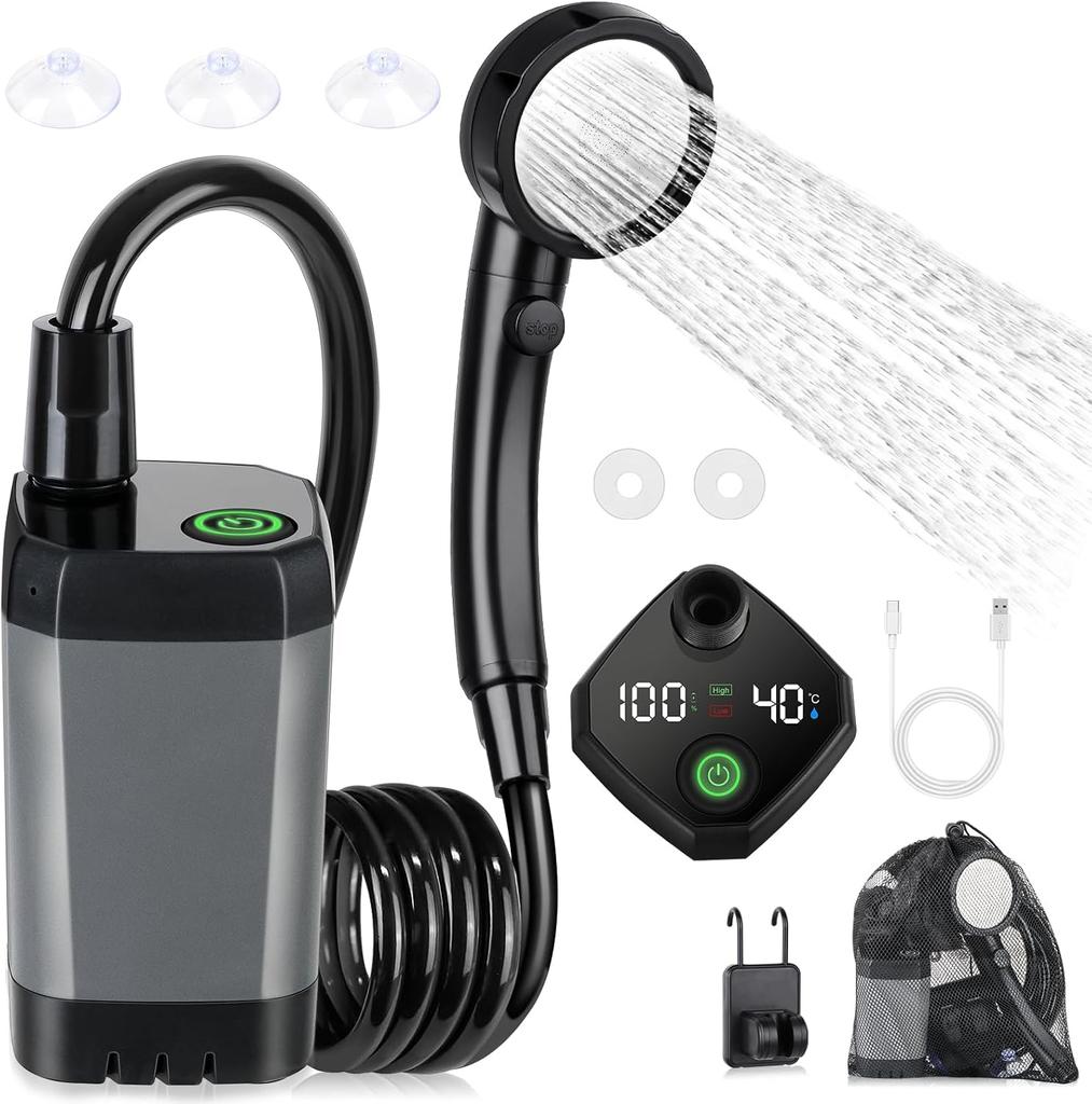 Portable Shower for Camping, Spopal 6000mAh Rechargeable Camping Shower with Intelligent LED Display for Hiking, Travel, Car