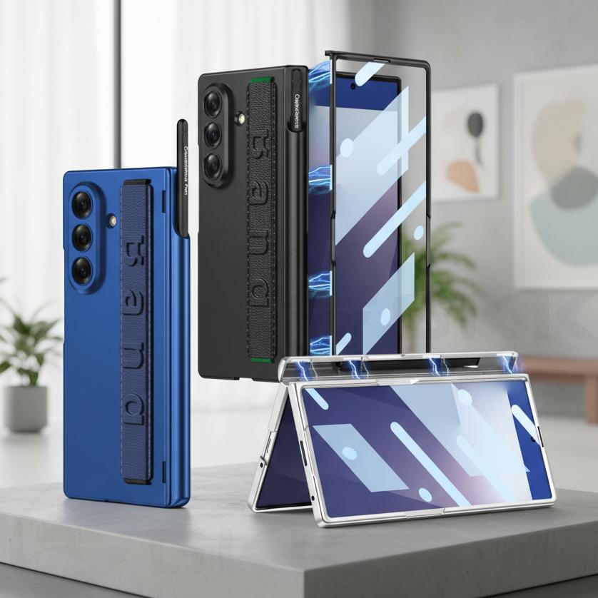Magnetic Hinge Wrist Strap Case for Samsung Galaxy Z Fold 7 6 5 with Pen Holder Glass Protective Cover for Galaxy Z Fold7 Case