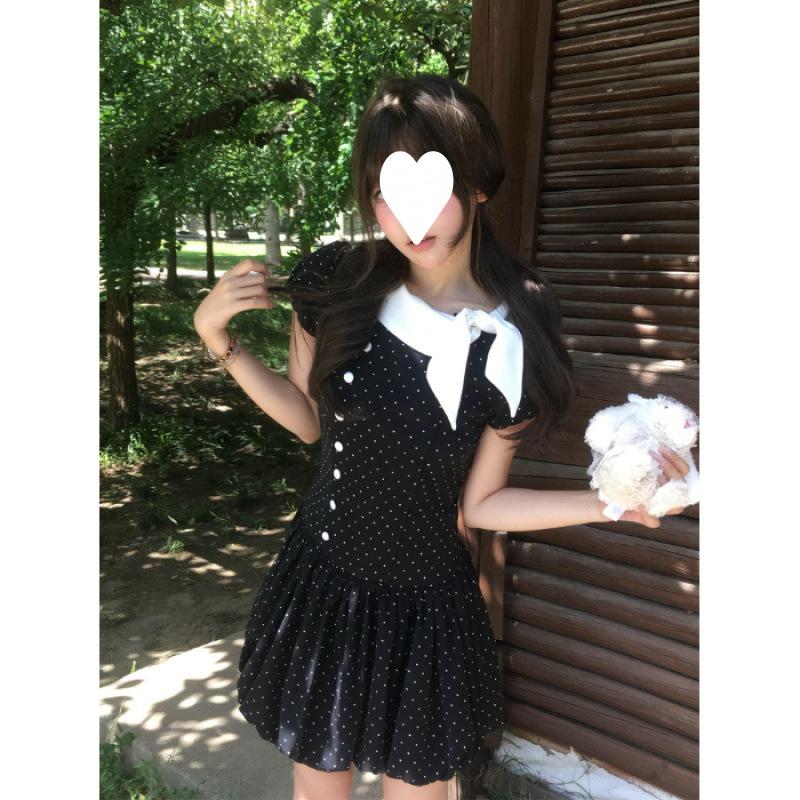 Thousand Gold Wind Bow Polka Dot Dress Women's Summer Retro Small Man Waist and Thin Temperament Fluffy Short Skirt