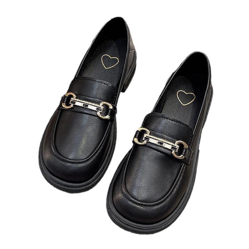 British Style Round Head Platform Small Leather Shoes Women's 2024 Spring New Metal Buckle Retro Versatile Thick Heel Loafers Women