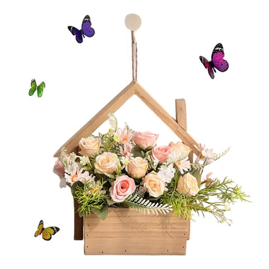Wood Wall Planter with Artificial Plants, LED Lighted Rustic Farmhouse Wall Decor, Hanging Fake Plants Flowers Holder Vase for Bedroom Living Room