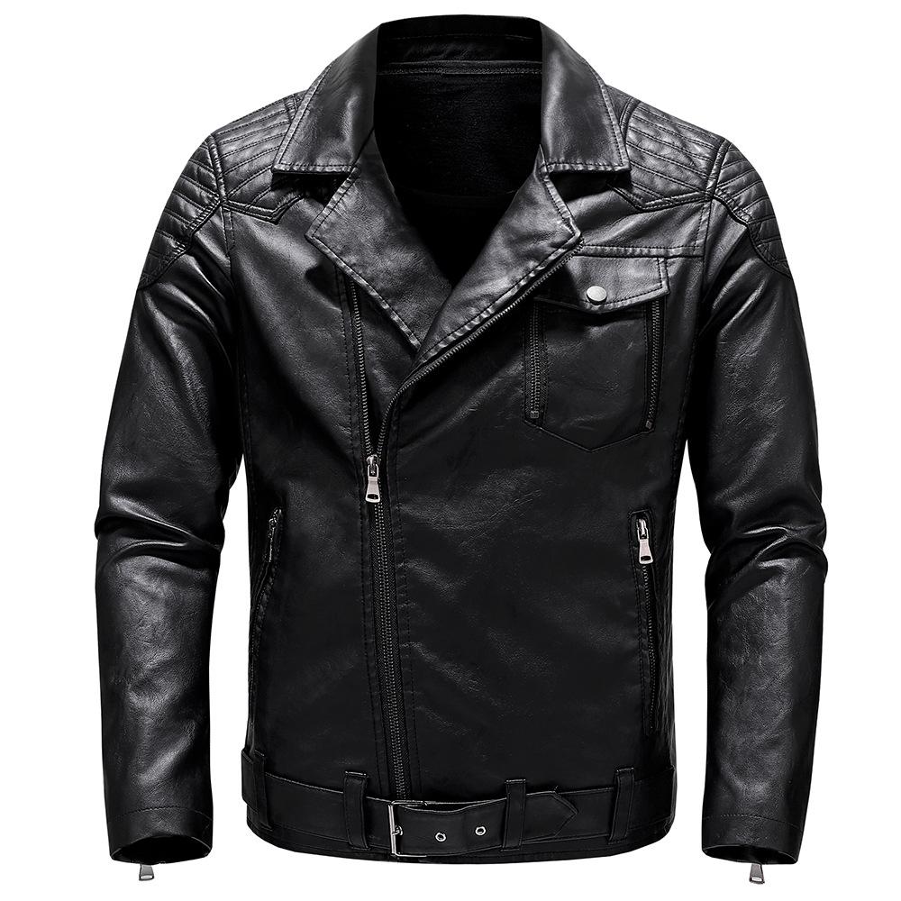 Autumn Men's New Solid Color Slim Zipper Handsome Oblique Zipper Jacket Leather Jacket