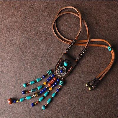 Long Tassel Necklace for Women Fashion Ethnic Leather Neklace Vintage Style Stone Beads Necklace