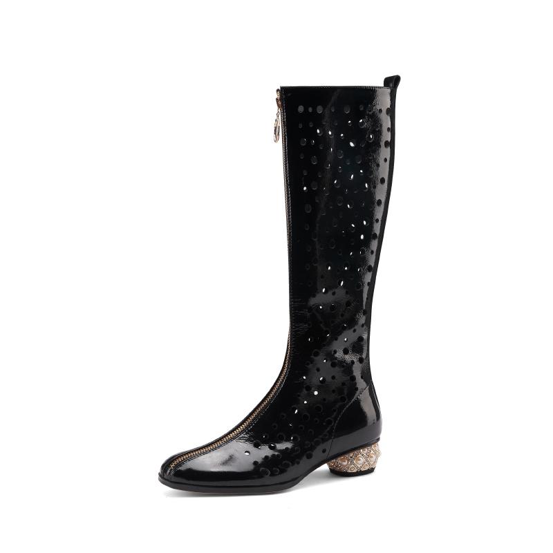 Fashion Women's new summer leather patent leather hollowed out holes, breathable diamond inlaid middle heel, large calf, cool high boots