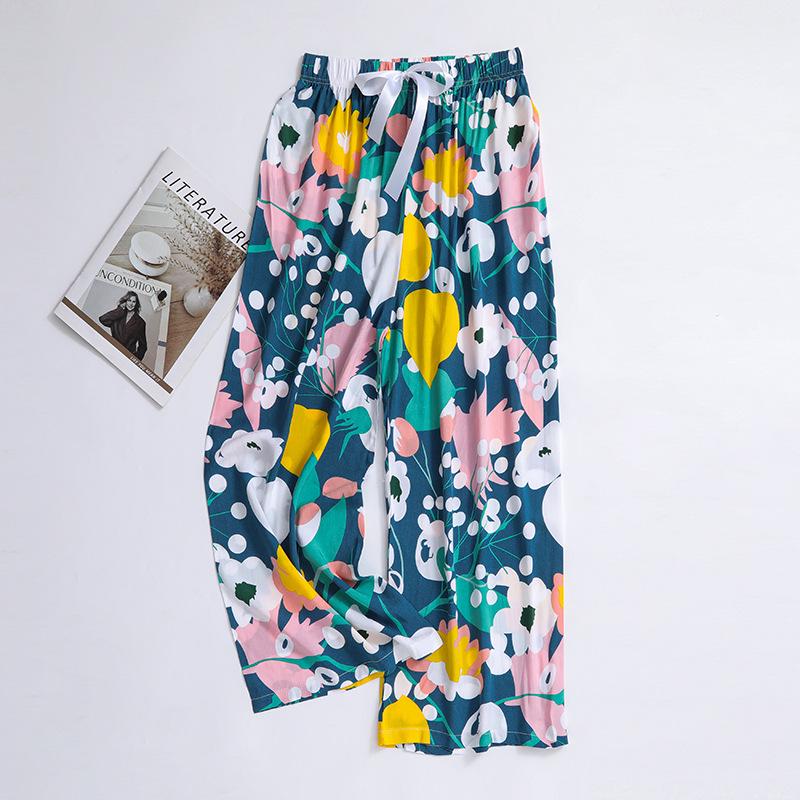 Damen Übergröße Baumwolle Viskose Pyjamahose, Cartoon-Blumendruck, Lockere Neun-Punkt-Strandhose, Outdoor-Bekleidung