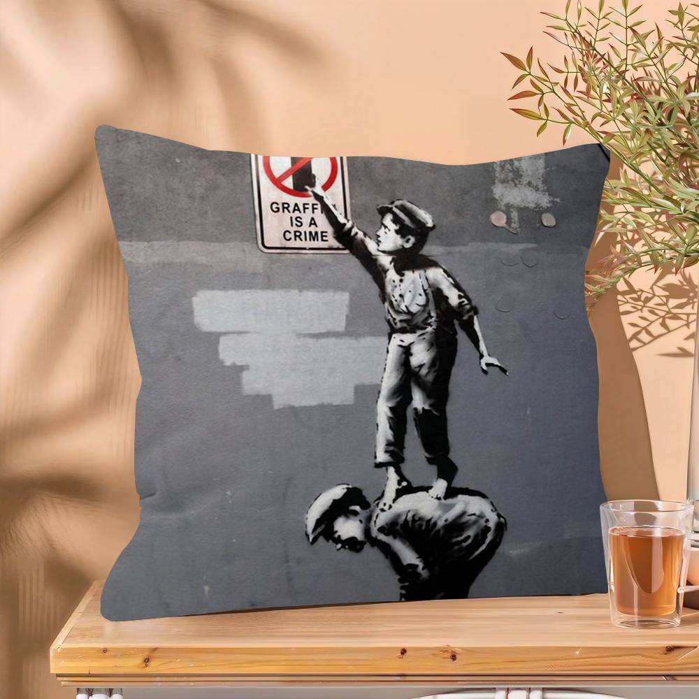 Banksy Street Graffiti Cushion Cover Inches Farmhouse Decor Home Throw Pillow Covers for Couch Decorations