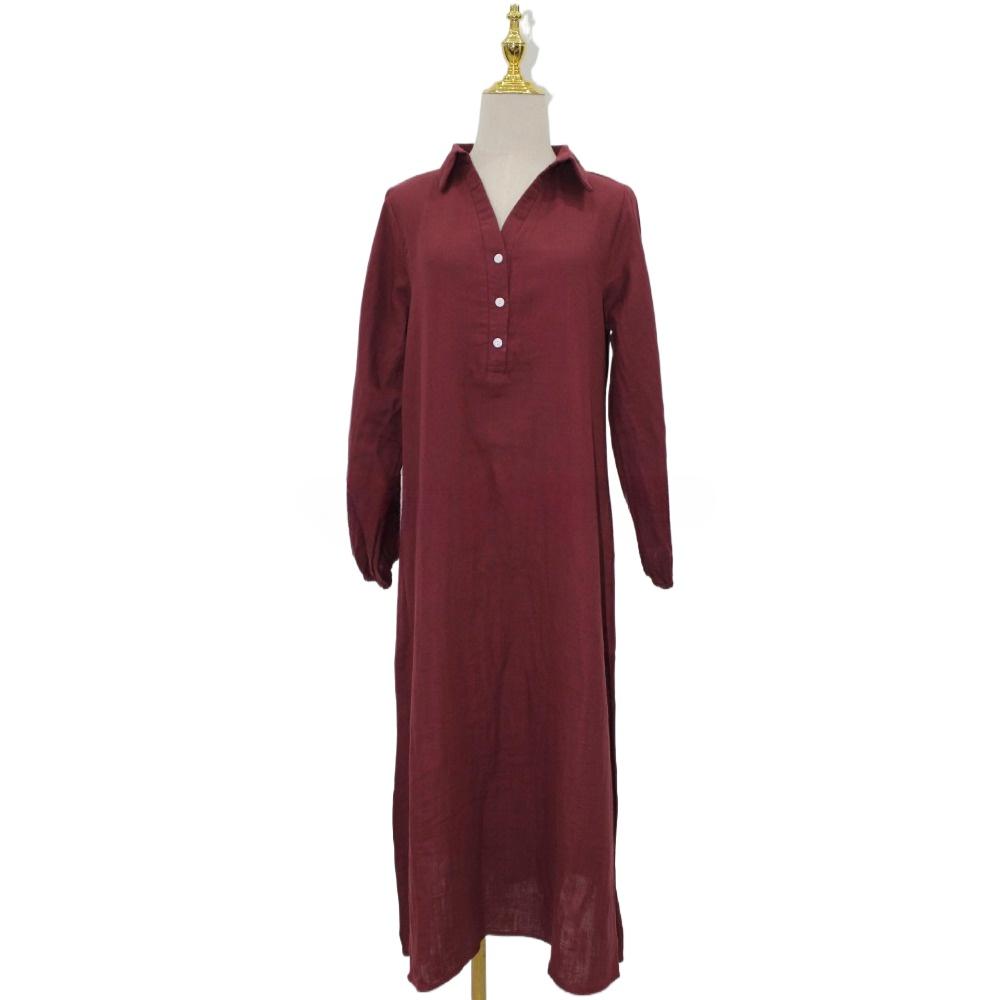 Μόδα Βαμβάκι και Κάνναβη Μακρύ Casual Μονόχρωμο Φόρεμα Λαιμόκοψη V Κομψή Ημιανοιχτή Μπροστινή Γυναικεία Μακρυμάνικη Ρόμπα