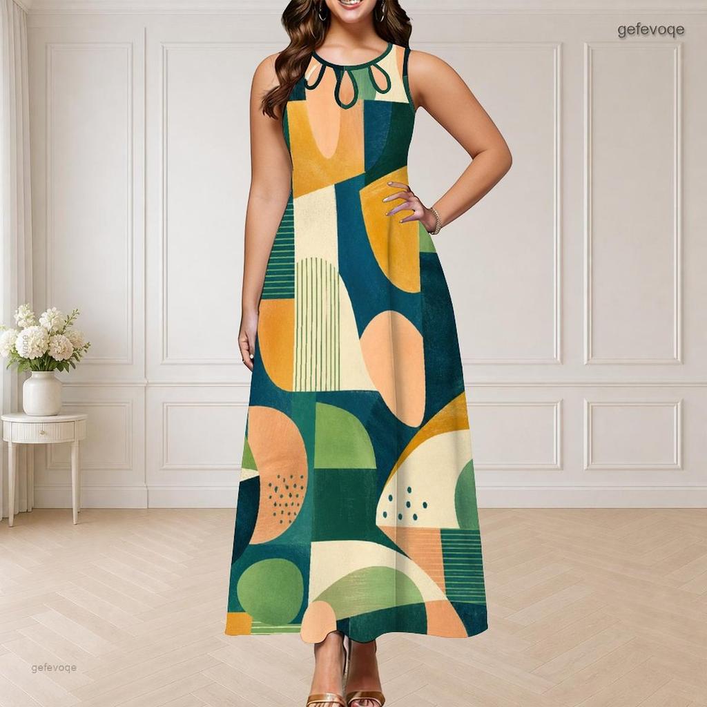 Women Plus Size Round Neck Triple Keyhole Cutout Sleeveless Geometric Printed Maxi Dress