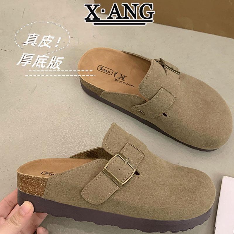 Leather cork bottom children's baotou half slippers outside wear spring and summer new one-pedal lazy shoes