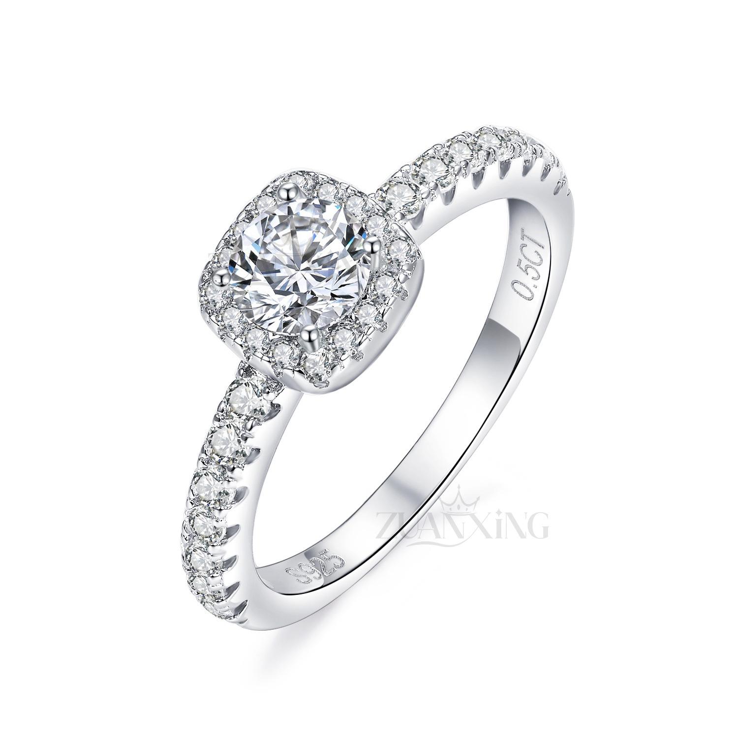 

Sterling Silver Moissanite Halo Wedding Ring HK Size 18