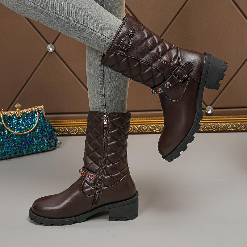 Large Size Women's Leather Boots Autumn and Winter New Retro Plaid Belt Buckle Round Head Thick Heel Medium Boots
