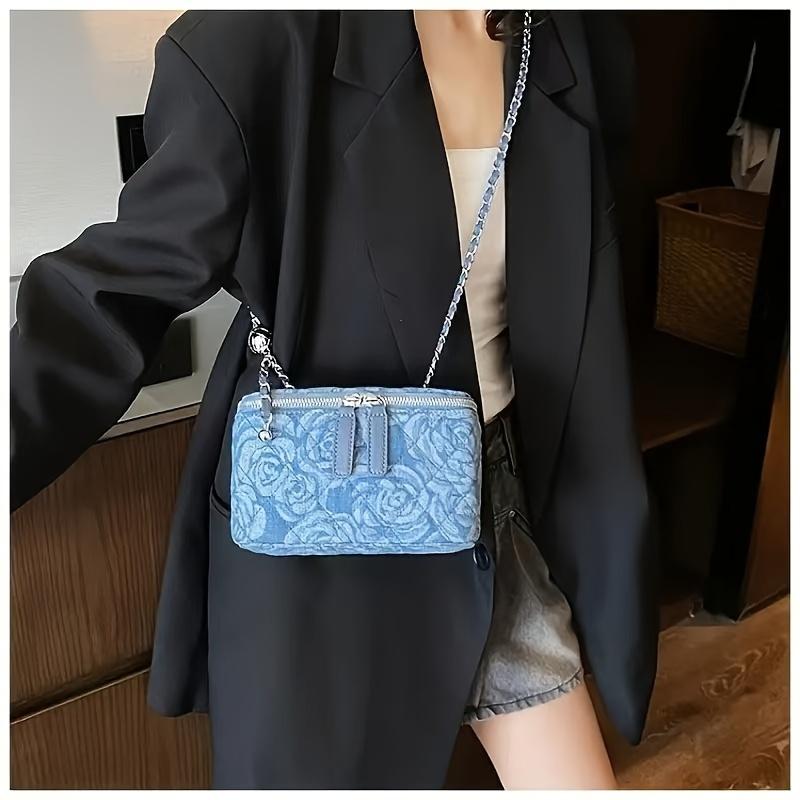 Denim Crossbody Bag Design Sense Women Fashion Plaid Small Square Bag Bucket Bag, Adjustable Chain Crossbody Square Bag Shoulder Bagall Flap Bag