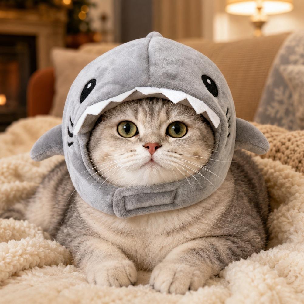 Funny Adjustable Cat Shark Headdress Warm Soft Cat Decorative Hat Cute Cartoon Cat Warm Hat Cosplay Party Pet Head Cover