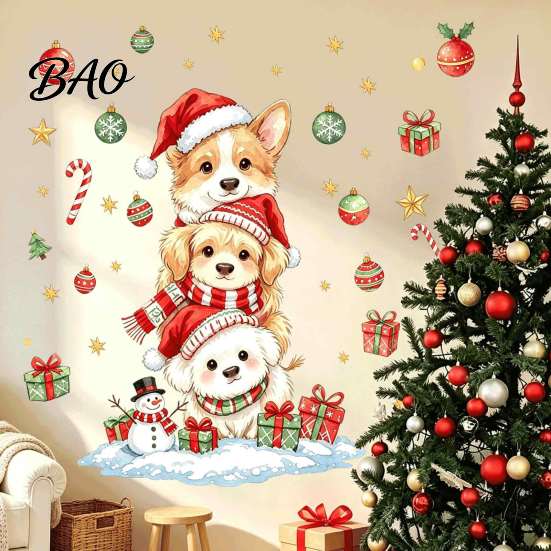 Watercolor Puppy Wall Stickers Christmas Decals, Stacked Dogs Stickers, Self?Adhesive PVC Xmas Reusable Door Decals for Bedroom Living Room