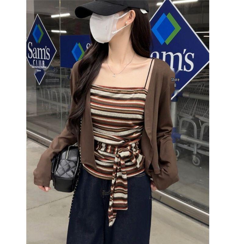 Autumn 2025 Spicy Girl Striped Tie-Up Strapless Shawl Jacket
