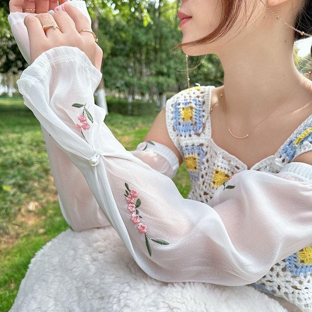 Sun Flower Embroidery Flower Ice Silk Sleeves Pearl Buckle Sunscreen Sleeve Cute   Women