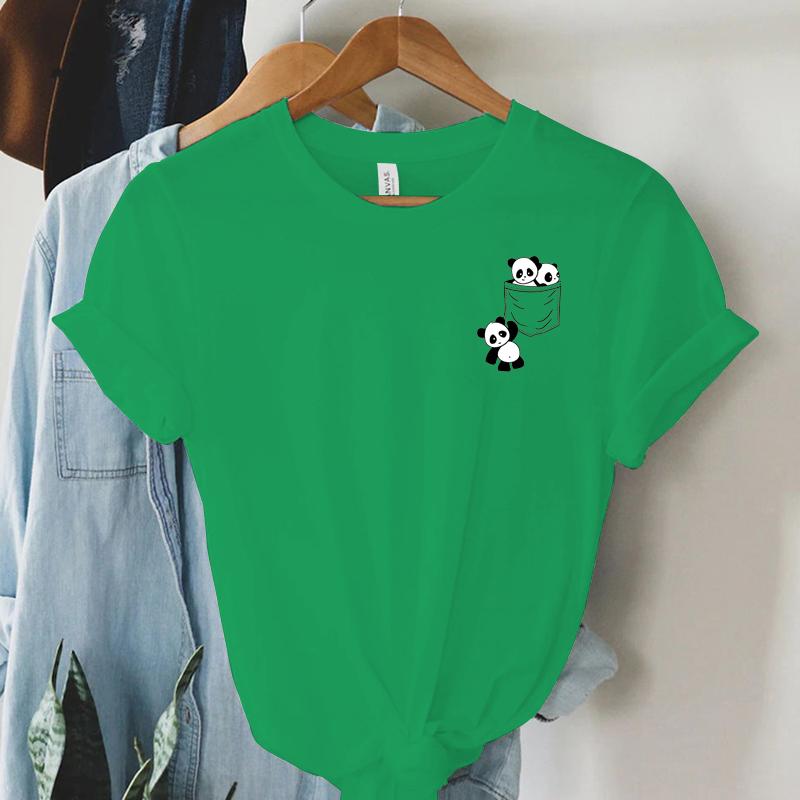 New Women Short Sleeve Top Summer New Pocket Panda Cartoon Printed T-shirt Korean Fashion Women Tops Loose Round Neck T Shirt