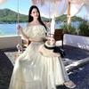 Bali Thailand travel vacation photo French one-word collar rough edge design top + large swing skirt two-piece set