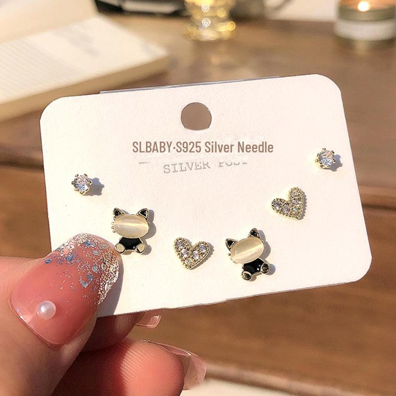 Asymmetric Swan & Snowflake S925 Silver Needle Earrings with Cat's Eye Stone - Korean Style for Women & Students