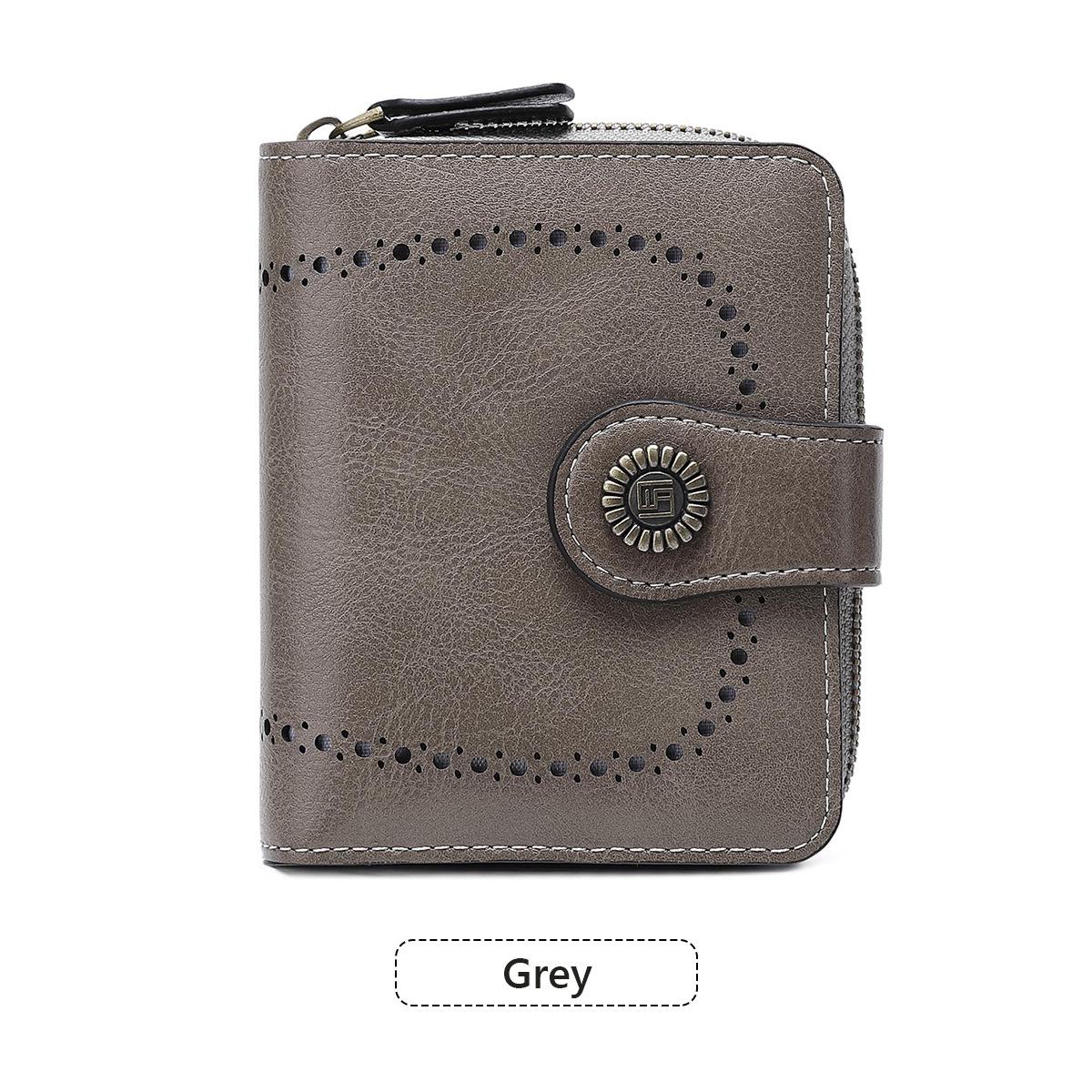 

European & American Retro Women s Leather Wallet, Hollow Design, Zipper & Snap Closure, 2024 Fashion. серый