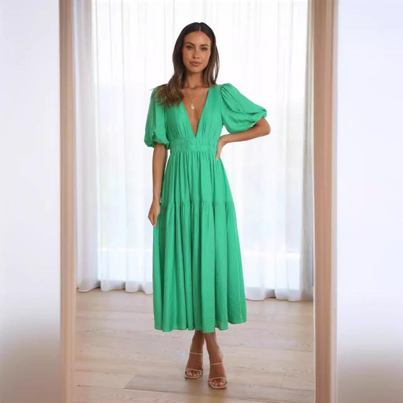 Women's Casual Fashion Trend Summer V-neck Waist Midlength Dress