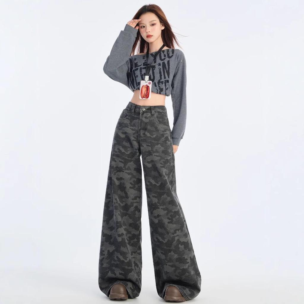 American-Style High-Waist Camo Jeans: Women's Wide-Leg, Slimming, Loose-Fit Pants for Spring 2025
