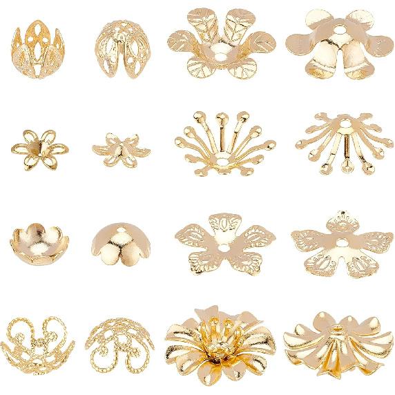 PH PandaHall Bead Caps, 48pcs 8 Styles Real 24K Gold Plated Brass Flower Shaped End Caps Metal Filigree Flower Cap for Earring Bracelet Necklace