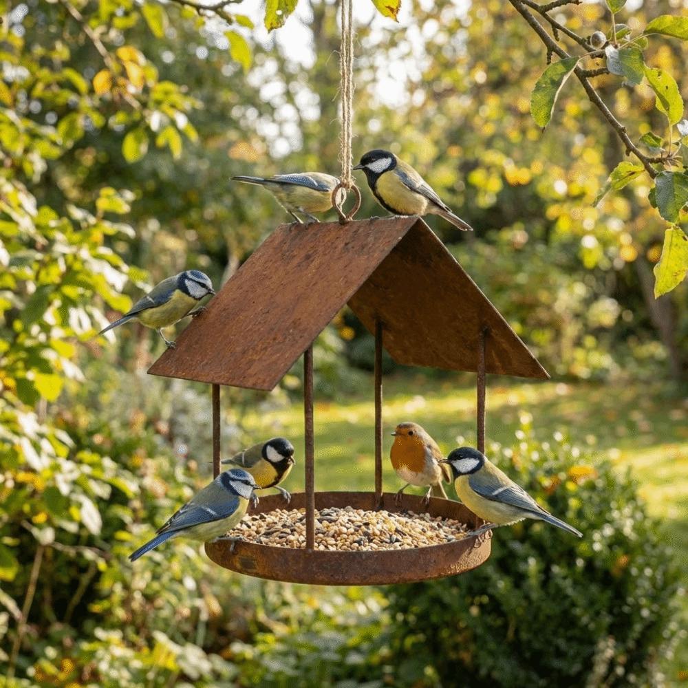 Iron Bird Feeding Station Hut Shape Bird Food Container Multifunctional Hanging Bird Feeder  Yard