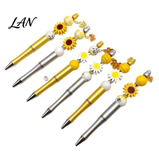 Sunflower Themed Pen Set Bee Beaded Ballpoint Set, DIY Easy Assemble Beadable Barrels Kits, Smooth Writing Pen, for Students Handmade Craft 1 Set