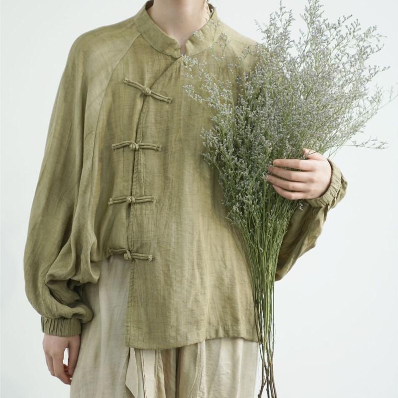 Johnature Women Vintage Soft Shirts Tops Button Long Sleeve Stand Blouses Summer Thin Chinese Style Female Shirts