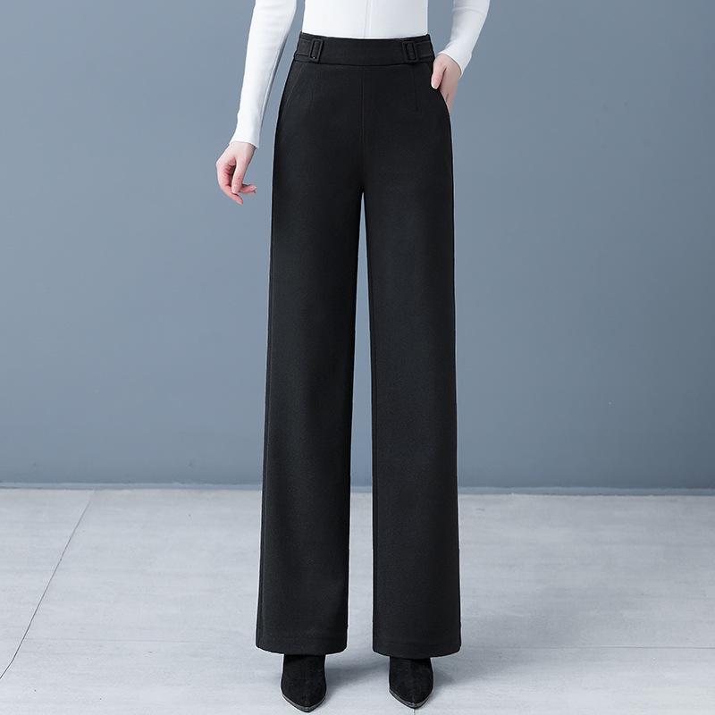 

Женские шерстяные брюки с высокой посадкой и широкими штанинами - Свободные, стройнящие, универсальные, повседневного кроя для осени и зимы. L (Waist 28, recommended weight 106-115 jin) чёрный