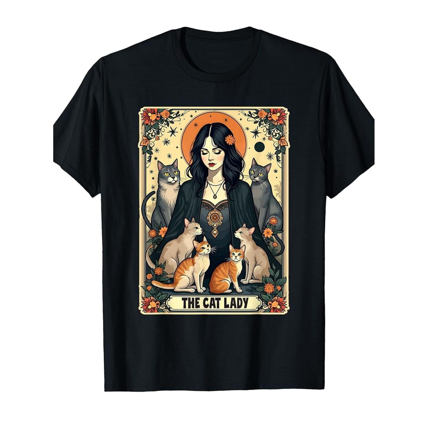 

Mystical Cat Lady Tarot Style Graphic T-Shirt Women s Gothic Witchy Cat Mom Casual Tee - Men s Summer Cotton Graphic Tee 5XL різнокольоровий