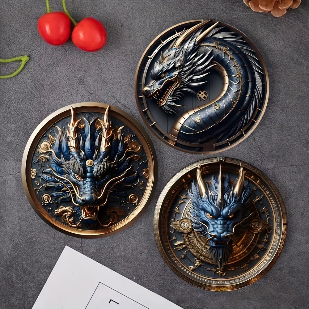 Set of 6 2D Chinese Dragon Theme Pattern Art Coasters Round Wooden Heat Resistant Non-Slip Home Decor Gift Multifunctional