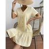Women's V Neck Button Front Ruffle Hem Midi Dress Short Sleeve Casual Dress