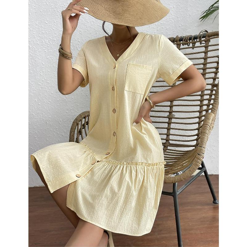 Women's V Neck Button Front Ruffle Hem Midi Dress Short Sleeve Casual Dress