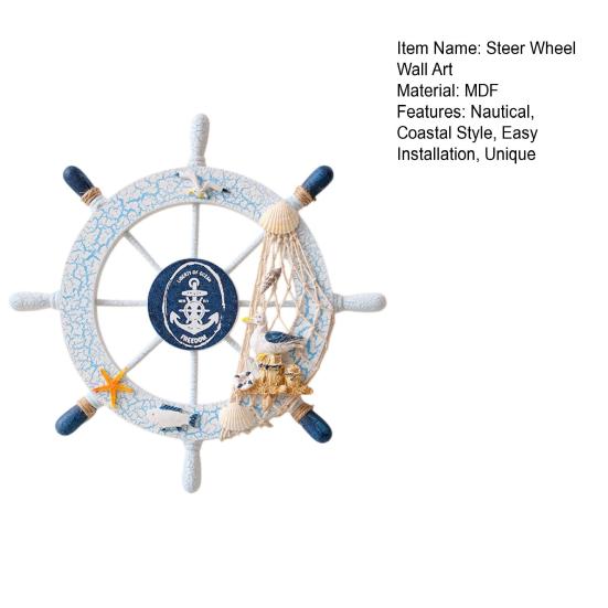 11" Nautical Beach Wooden Ship Wheel Wall Art Coastal Style Boat Steering Wheel Wall Hanging Ornament with Starfish And Hemp Rope for Living Room