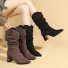Fashion Women's Pleated Chunky Heel Pointed Toe mid Calf Boots Comfortable Fashionable Sleeve Design for winter Women's Boots