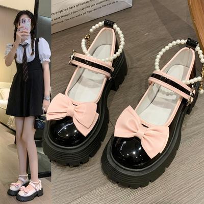 Women Thick Platform Mary Janes Lolita Shoes Party Pumps Summer 2024 Pink New Sandals Pearl Bow Mujer Shoes Fashion Zapatos
