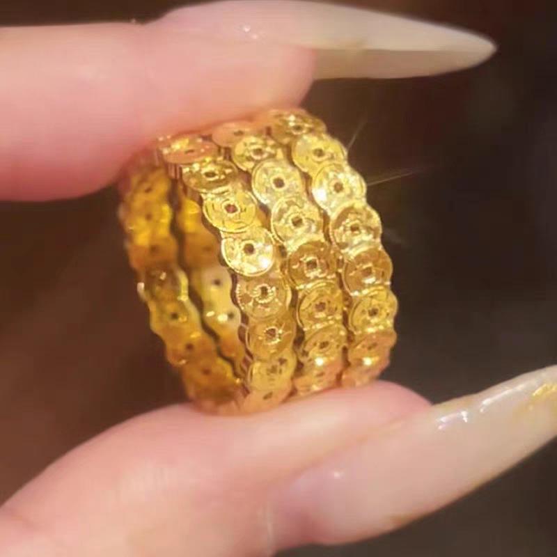 Gold-Plated Crushed Ice Coin Ring: Stylish Luxury Gift for Her Size 6