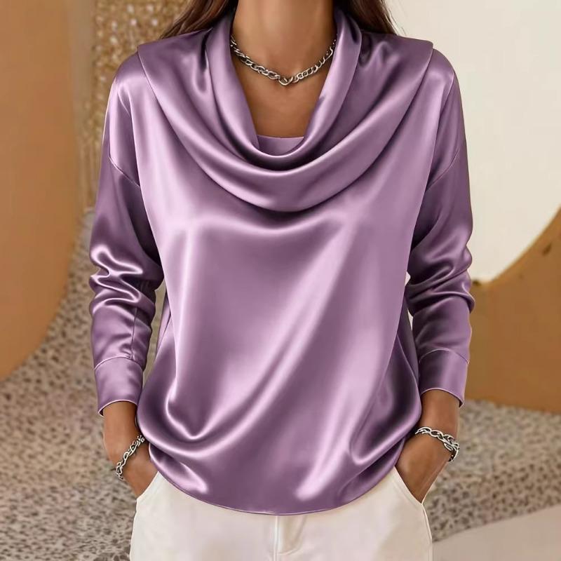 Women's Satin Cowl Neck Blouse Long Sleeve Casual Loose Fit Top