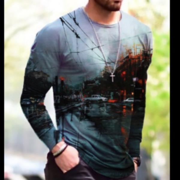 Frühlings- und Herbst-Rundhals-Oberteil mit kreativem 3D-Graffiti-Druck, modische lässige langärmlige Herren-T-Shirts