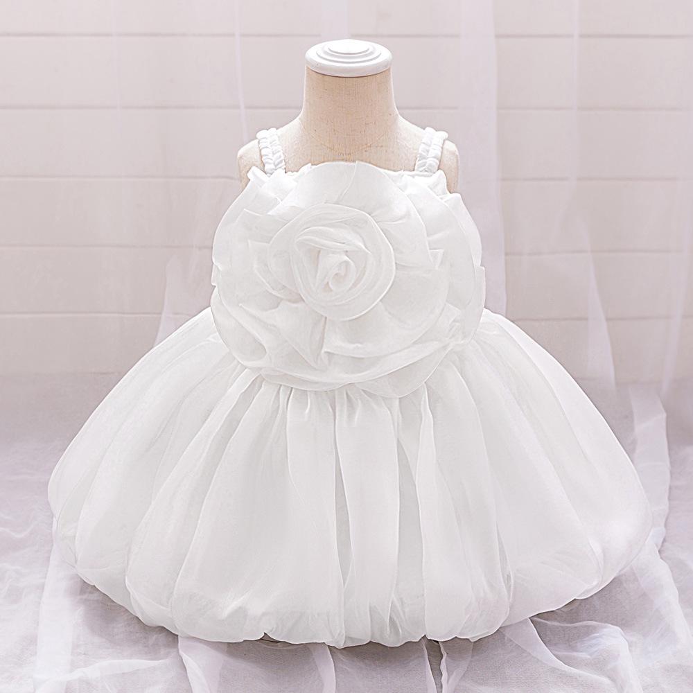 Toddler Princess Dress with 3D Rose Flowers and Shiny Satin Puff Sleeves