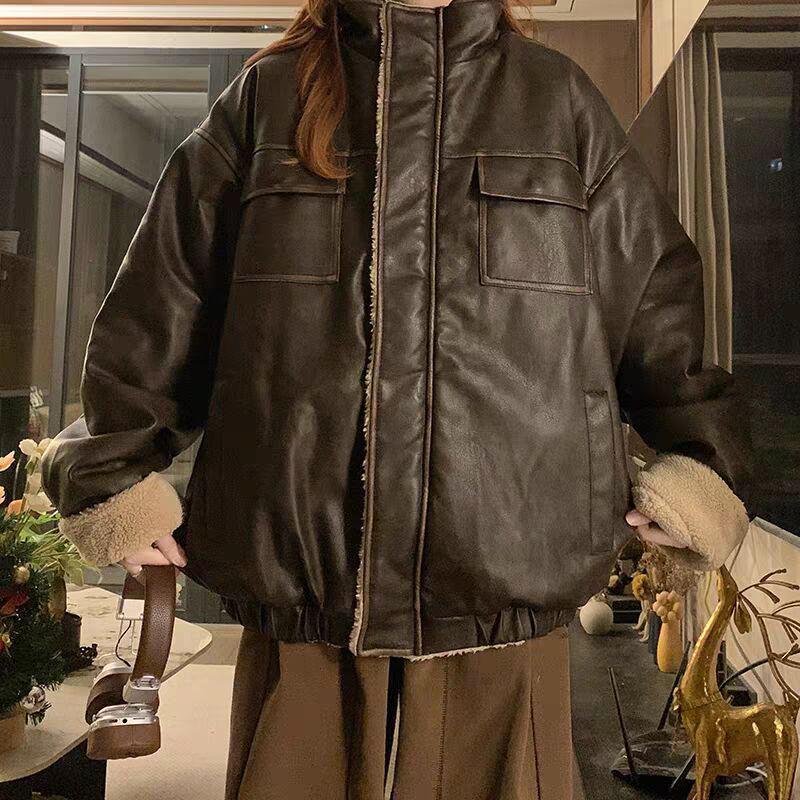 Unisex Retro Coffee Leather & Fur Jacket: Winter Trendy Loose Fit with Fleece & Thickened Cotton