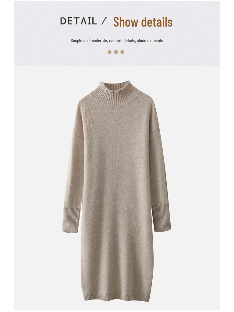 Women's Slim Fit Knit Sweater Dress, Half-High Collar, Over-the-Knee, Long Skirt, Mid-Length, Base Layer.